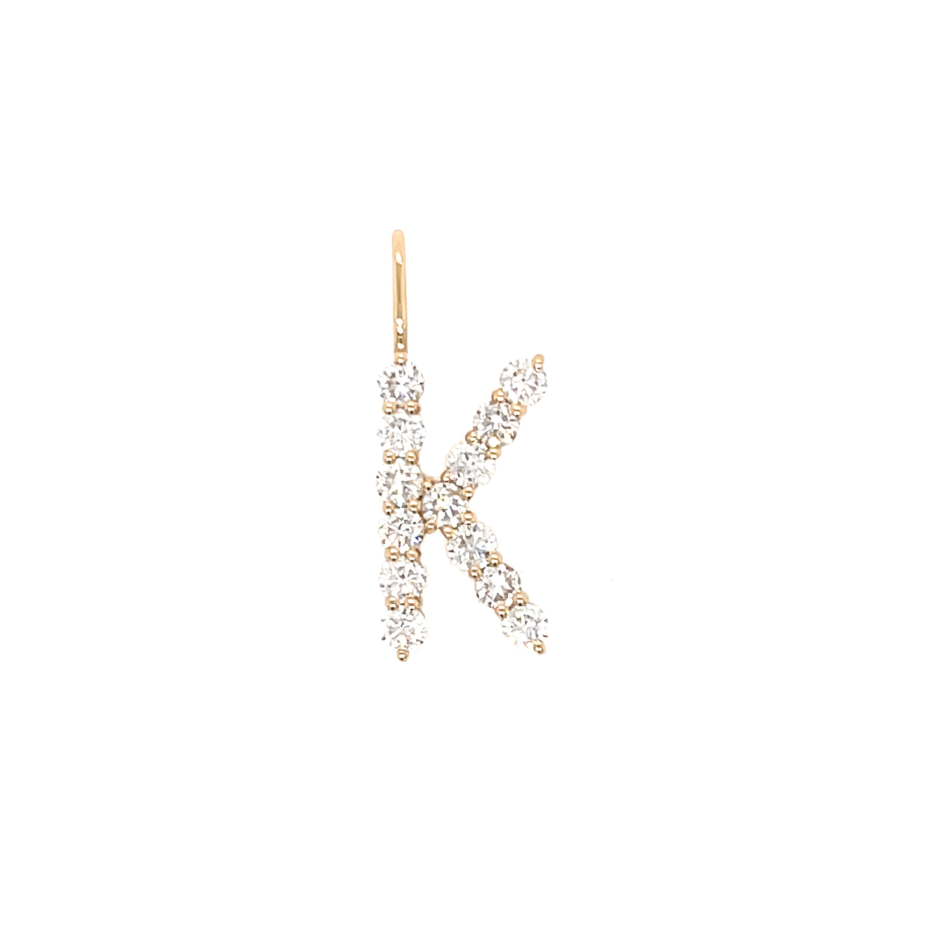 Letter K 14K Yellow Gold Diamond Letter Charm  14K Yellow Gold Diamond Carat Weight depends on the letter Each Diamond: 2MM Approximately 0.64" High X 0.50" Wide 0.25" X 0.18" Charm Bail