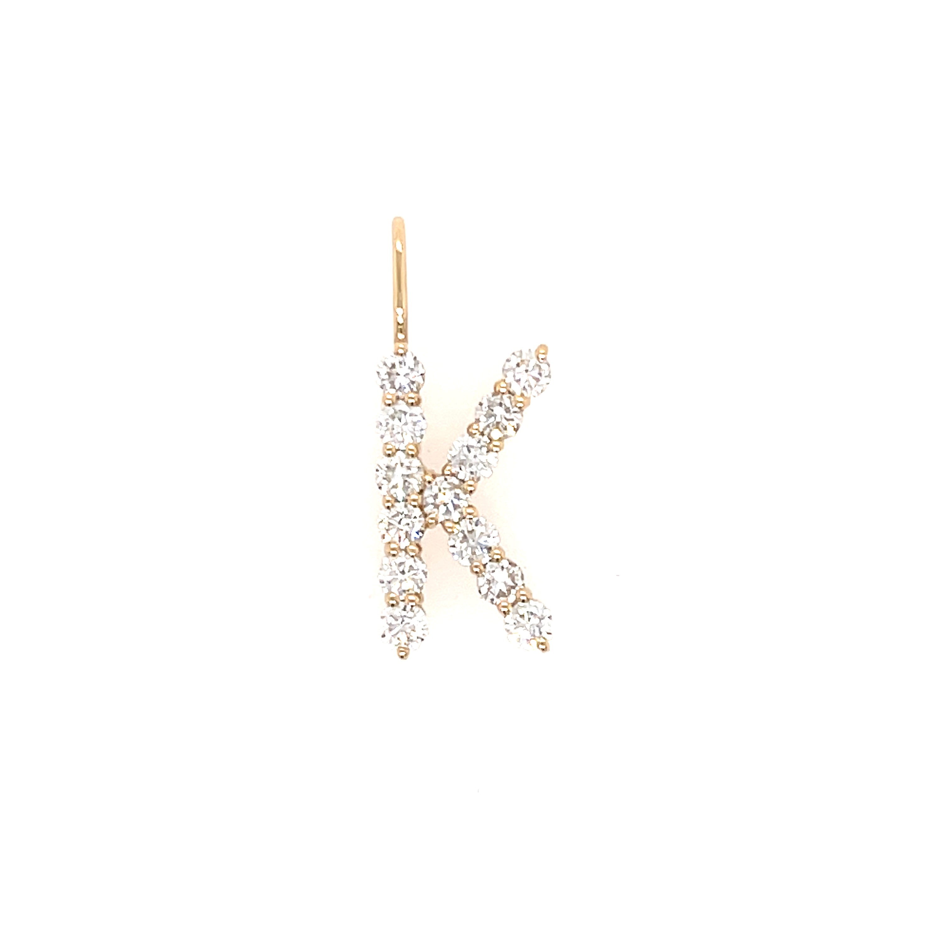 14K Yellow Gold Diamond Letter Charm  14K Yellow Gold Diamond Carat Weight depends on the letter Diamonds: 2MM Diameter 0.60" High X 0.50" Wide Charm Bail: 0.25" Long X 0.18" Wide Please allow up to 8 weeks for shipping depending on letter availability.