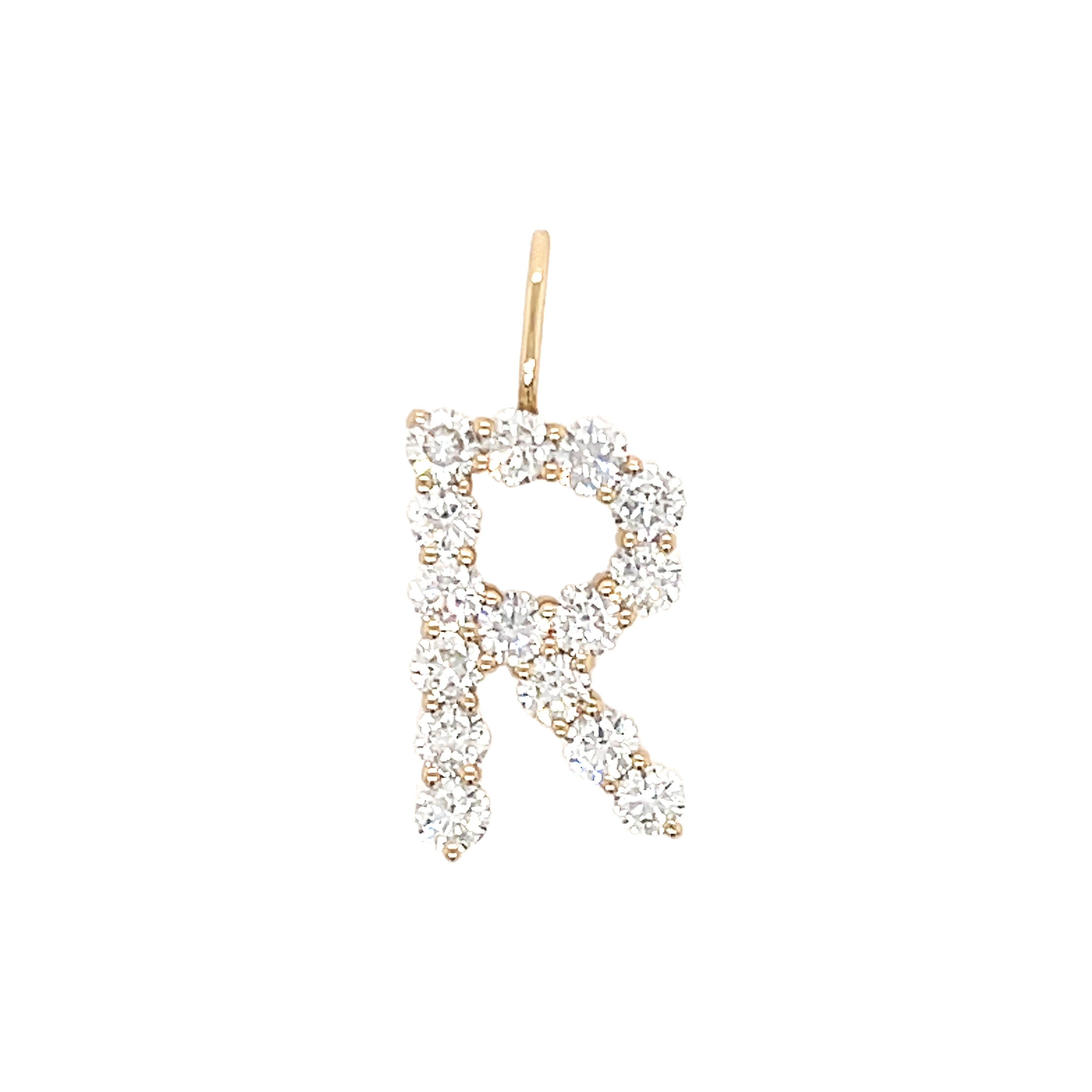 14K Yellow Gold Diamond Letter Charm  14K Yellow Gold Diamond Carat Weight depends on the letter Diamonds: 2MM Diameter 0.60" High X 0.50" Wide Charm Bail: 0.25" Long X 0.18" Wide Please allow up to 8 weeks for shipping depending on letter availability.