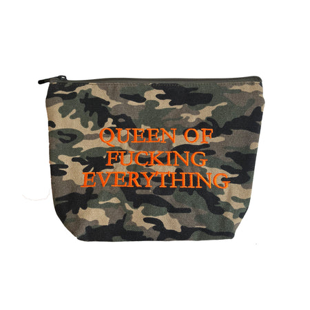 Camo Canvas Quote Pouch  Says: "Queen of Fucking everything"  Black Zipper 10" Length X 7" Width
