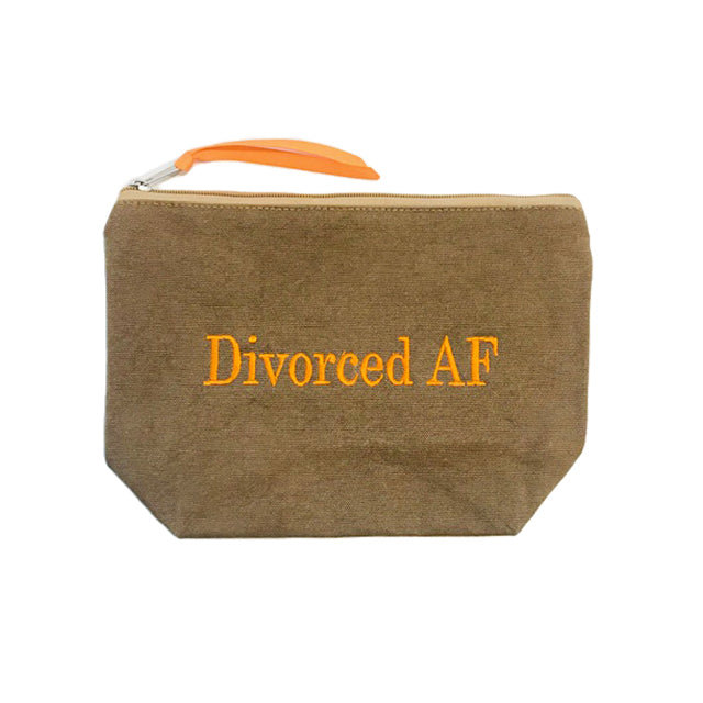 Brown and Orange With Orange Ribbon Quote Pouch  Says: "Divorced AF"  Zipper Closure 10" Long X 7" Wide