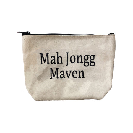 Natural Color Canvas Quote Pouch  Says: "Mah Jongg Maven" Black Zipper 9.25" Width X 7" Height