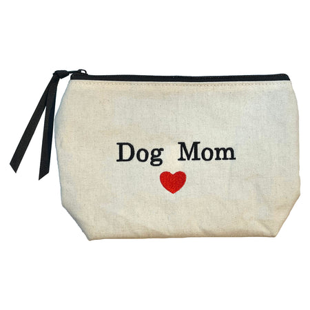 Light Beige Canvas Zippered Pouch with Quote  " Dog Mom (heart)" 10" Length X 7" Width