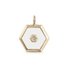 White Enamel Hexagon Crystal Center Charm Pendant   10K Yellow Gold Plated 1.56" Long X 1.17" Wide
