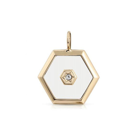 White Enamel Hexagon Crystal Center Charm Pendant   10K Yellow Gold Plated 1.56" Long X 1.17" Wide