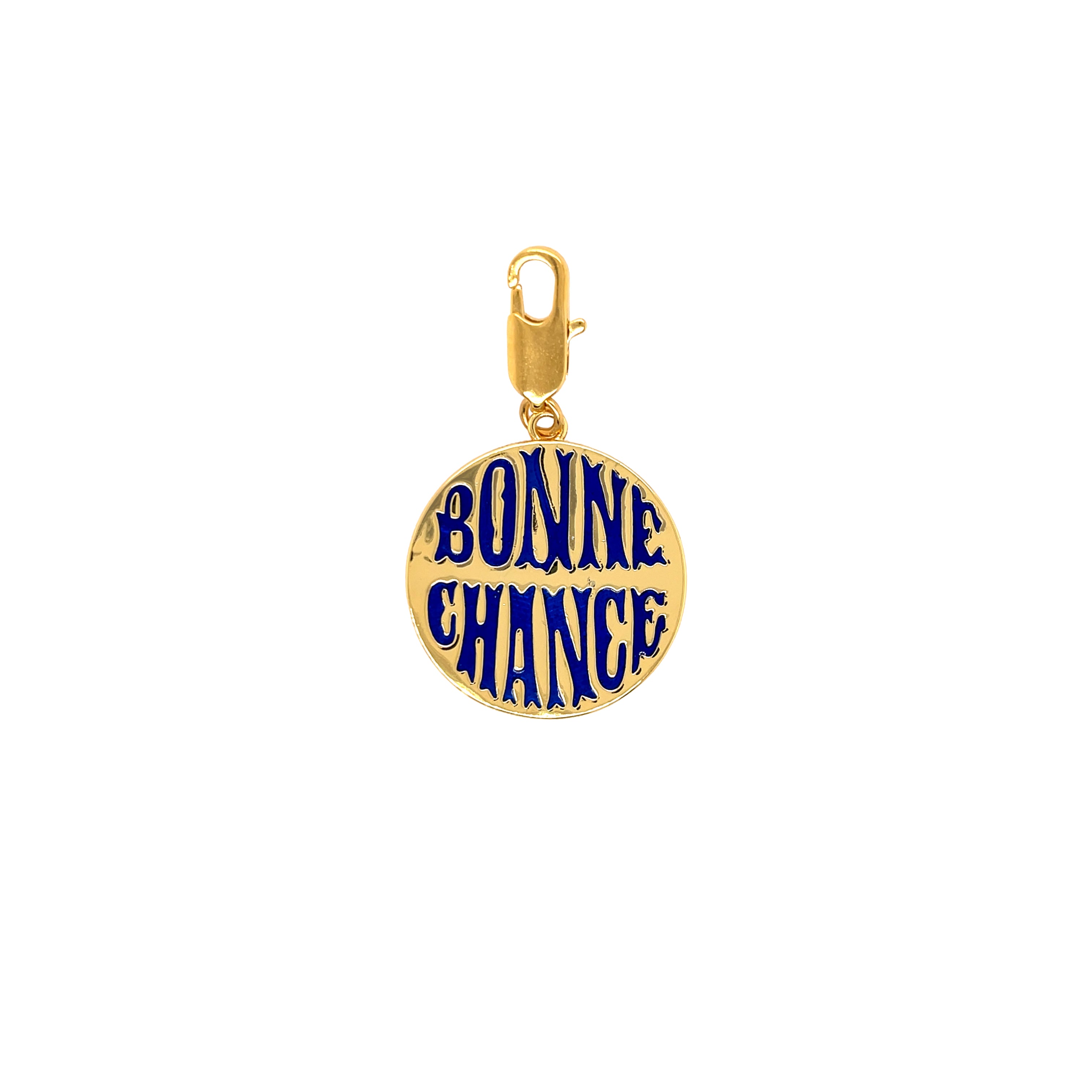 Blue "Bonne Chance" Disc Charm  Yellow Gold Plated 2.00" Long X 1.16" Wide