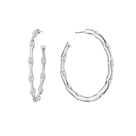 Wavy CZ Sparkle Hoop Pierced Earrings  14K White Gold Plated 1.75" Diameter 10 High Intensity 3mm CZs Pierced view 1