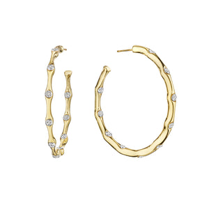 Wavy CZ Sparkle Hoop Pierced Earrings  14K Yellow Gold Plated 1.75" Diameter 10 High Intensity 3mm CZs Pierced
