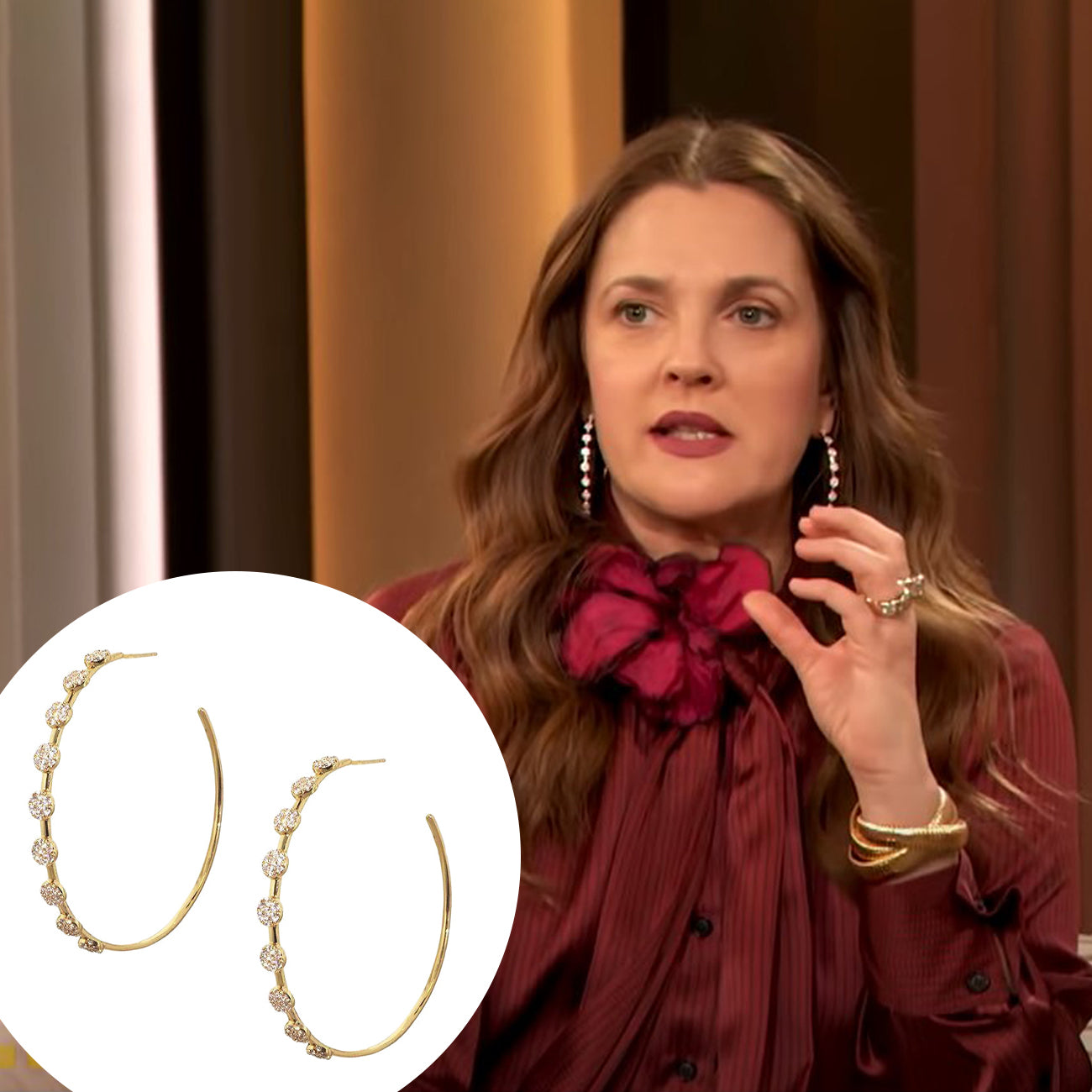 Circle Hoop Earrings  Yellow Gold Plated Cubic Zirconia 2.5" Diameter Pierced   As worn by Drew Barrymore.