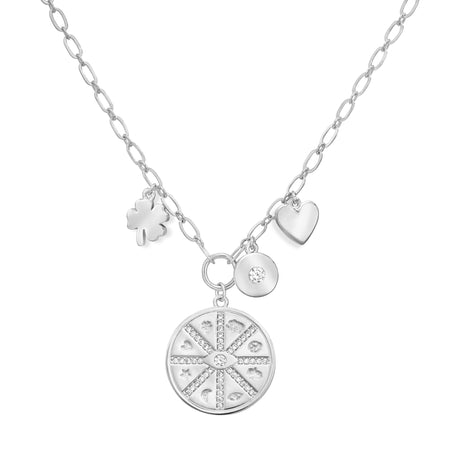 Multi Symbol Disc with Heart & Clover Charm Necklace  White Gold Plated 16-18" Length