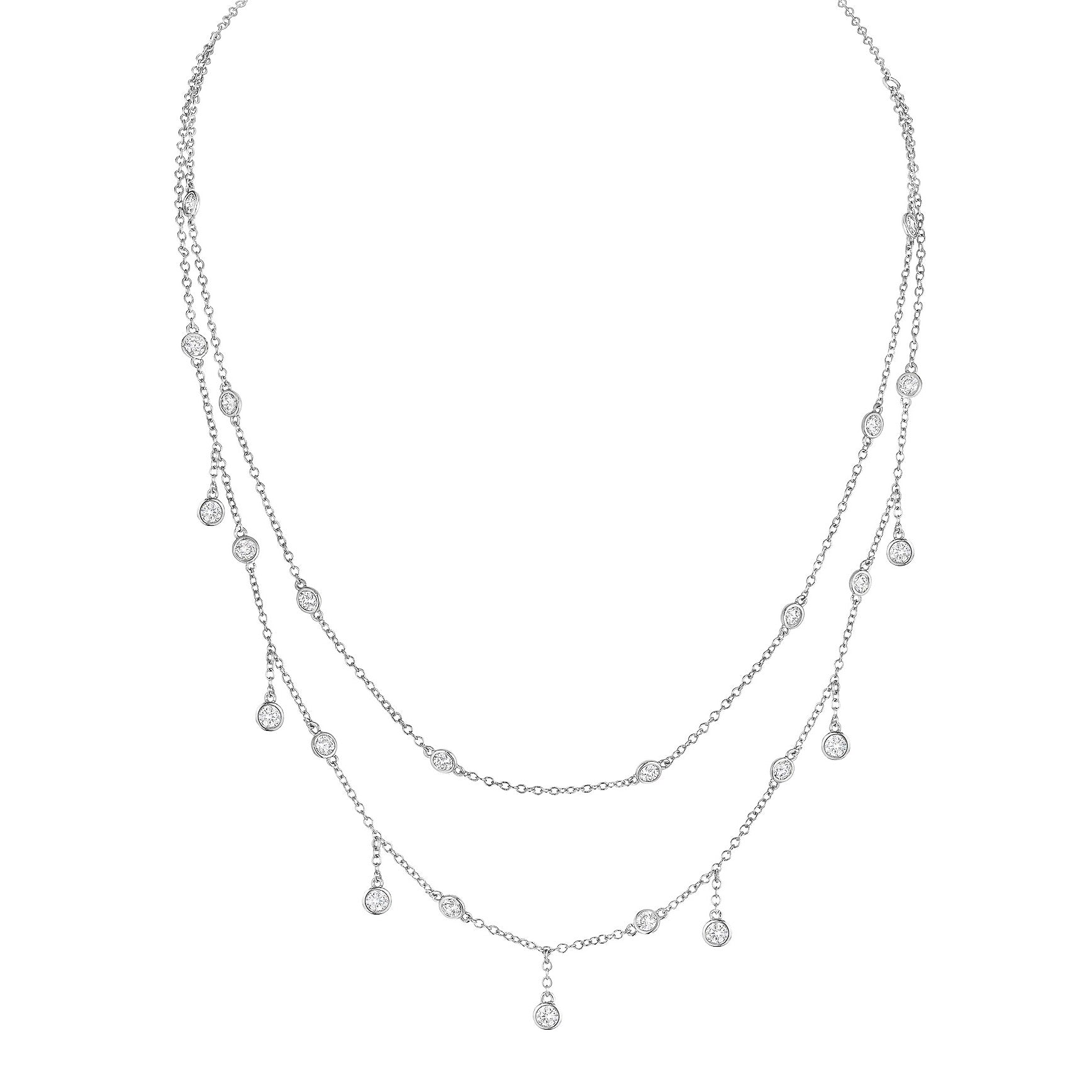 White Gold Plated Bezel Set CZ Layered Drop Necklace  White Gold Plated 16-20" Adjustable