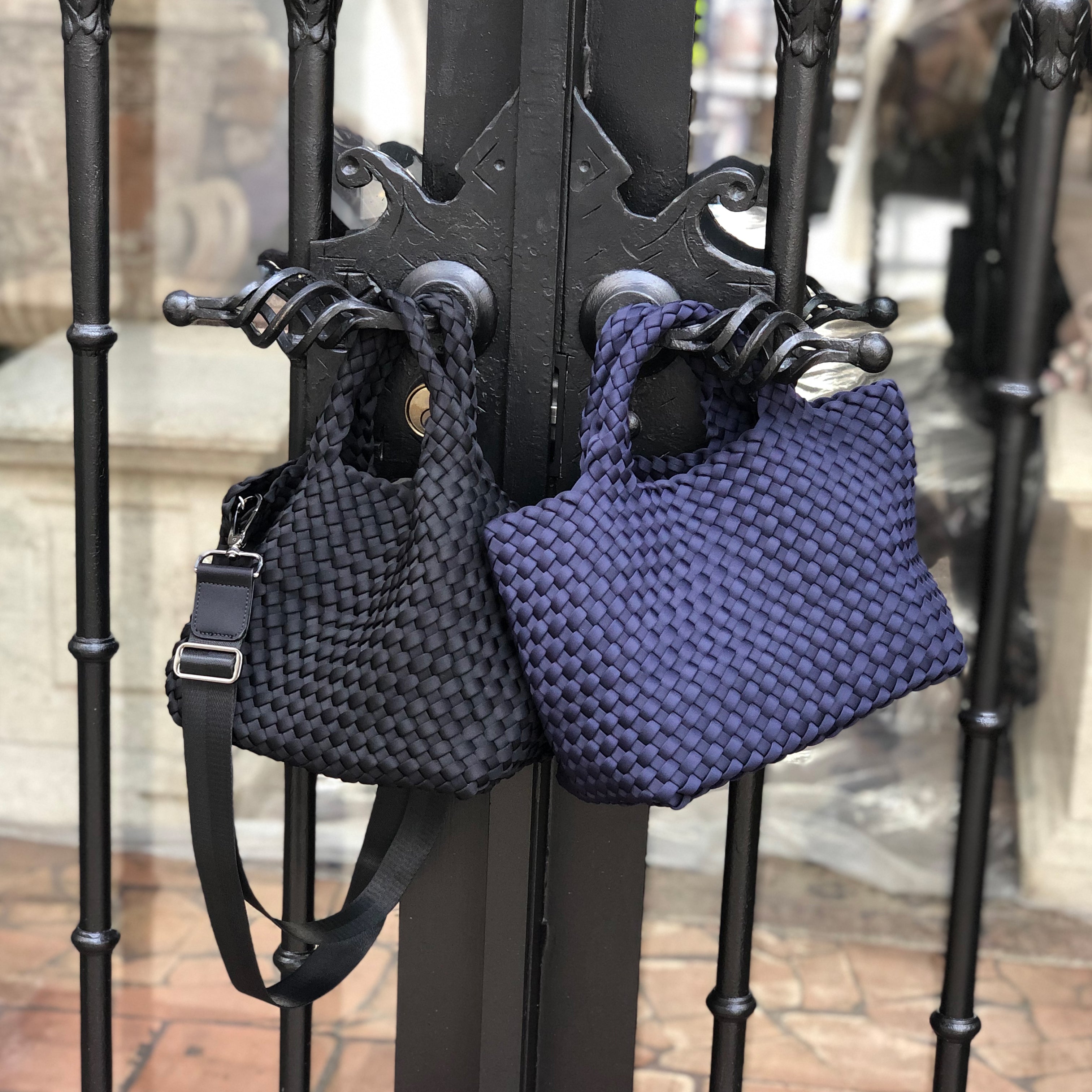 Navy Mini Woven Tote With Rolled Handles  7.75" Height X 14.5" Length X 6.75" Depth Pouch Included Removable Crossbody Strap Included