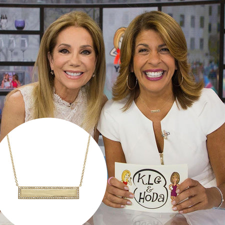 Gold Bar with Pave Diamond Border  14K Yellow Gold 0.15 Diamond Carat Weight Chain: 16-18" Length Bar:  1.18" Length X 0.20" Width Custom Engraving Optional    As worn by Hoda Kotb on The Today Show.  If adding engraving, please allow an additional 2-3 weeks for shipping.