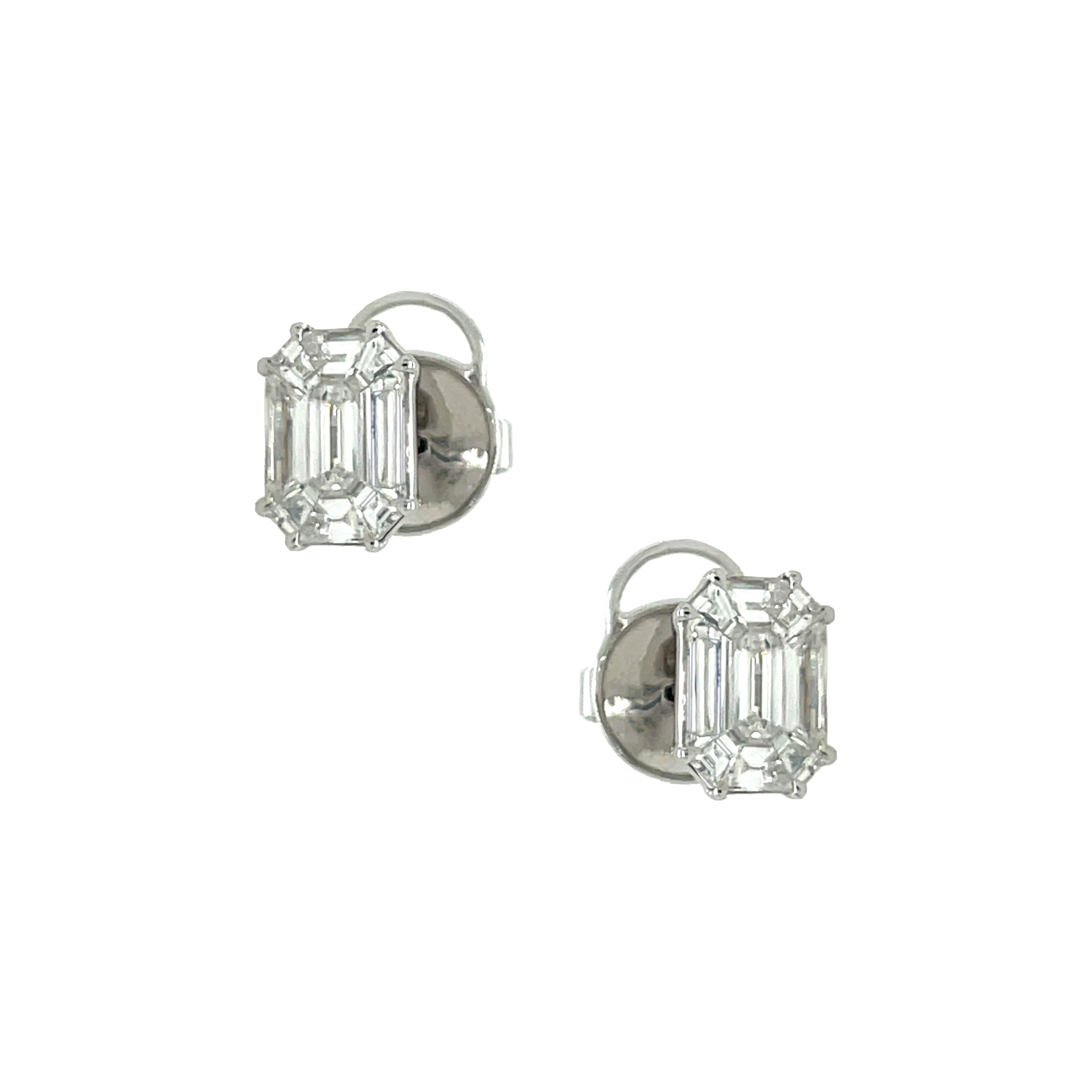 18K Gold Small Diamond Composite Emerald Shape Stud Earrings  18K White Gold 3.13 Diamond Carat Weight 0.39” Length X 0.29” Width Pierced