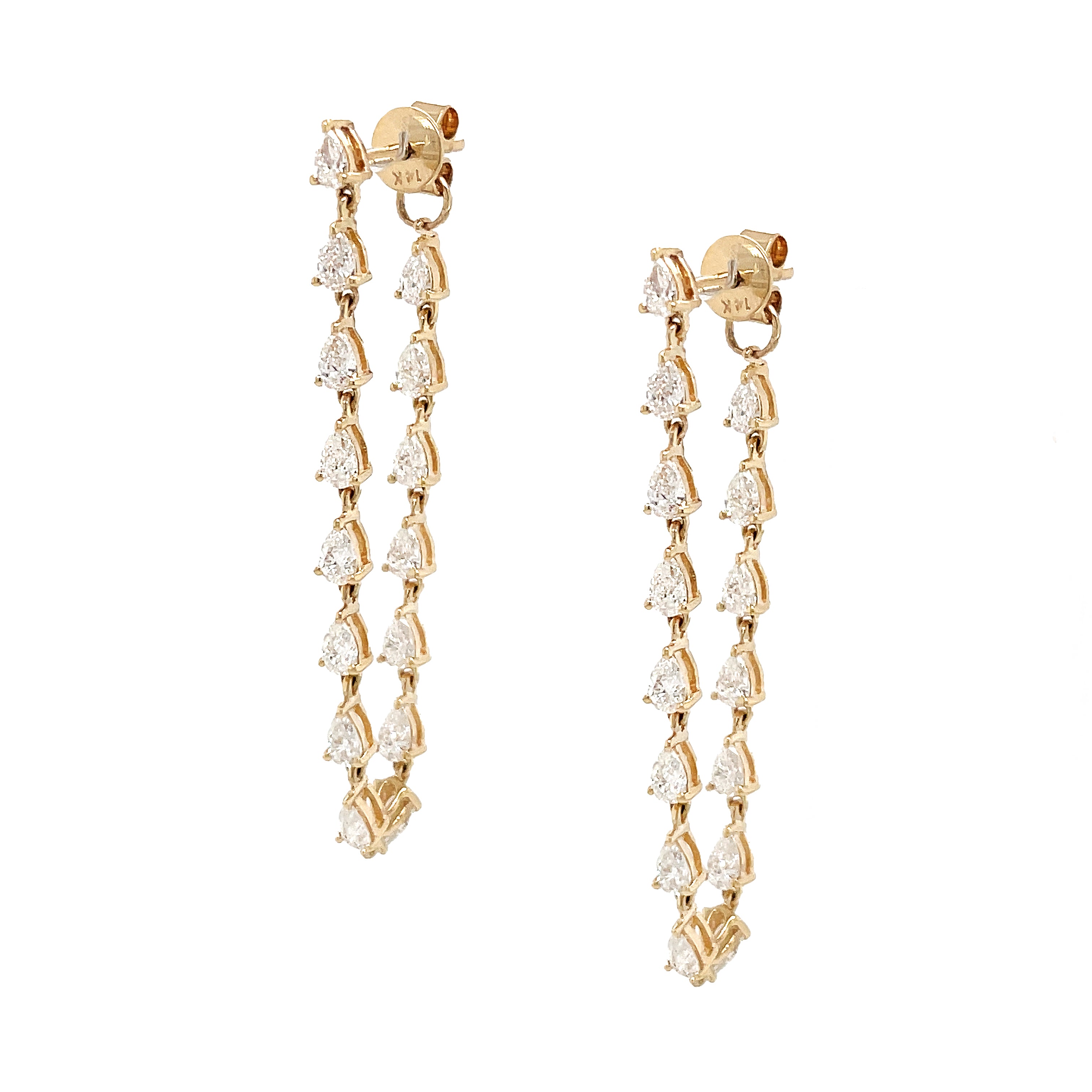 Diamond Teardrops Long Chain Pierced Earrings  14K Yellow Gold 1.75 Diamond Carat Weight 1.55" Length