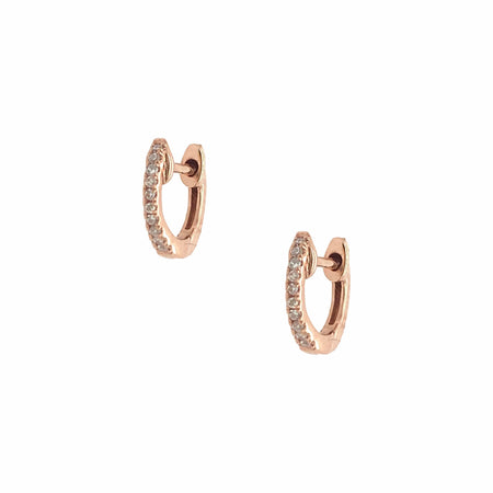 Pave Diamond Tiny Huggie Hoop Pierced Earrings   14K Rose Gold 0.05 Diamond Carat Weight 0.34" Diameter 0.04" Thick