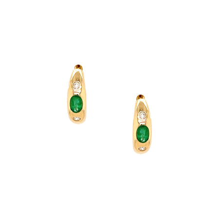 14K Gold Emerald & Diamond Small Hoop Earrings  14K Yellow Gold 0.56 Emerald Carat Weight 0.12 Diamond Carat Weight 0.65" Diameter 0.19" Width Pierced
