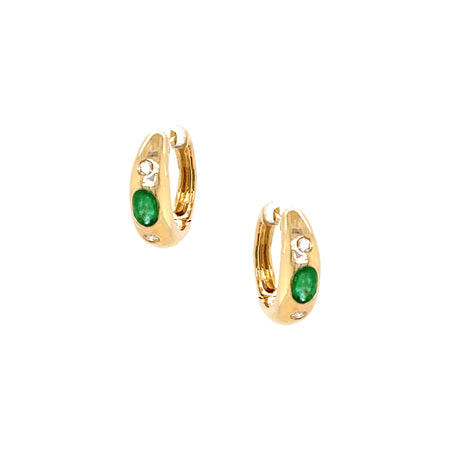 14K Gold Emerald & Diamond Small Hoop Earrings  14K Yellow Gold 0.56 Emerald Carat Weight 0.12 Diamond Carat Weight 0.65" Diameter 0.19" Width Pierced view 1