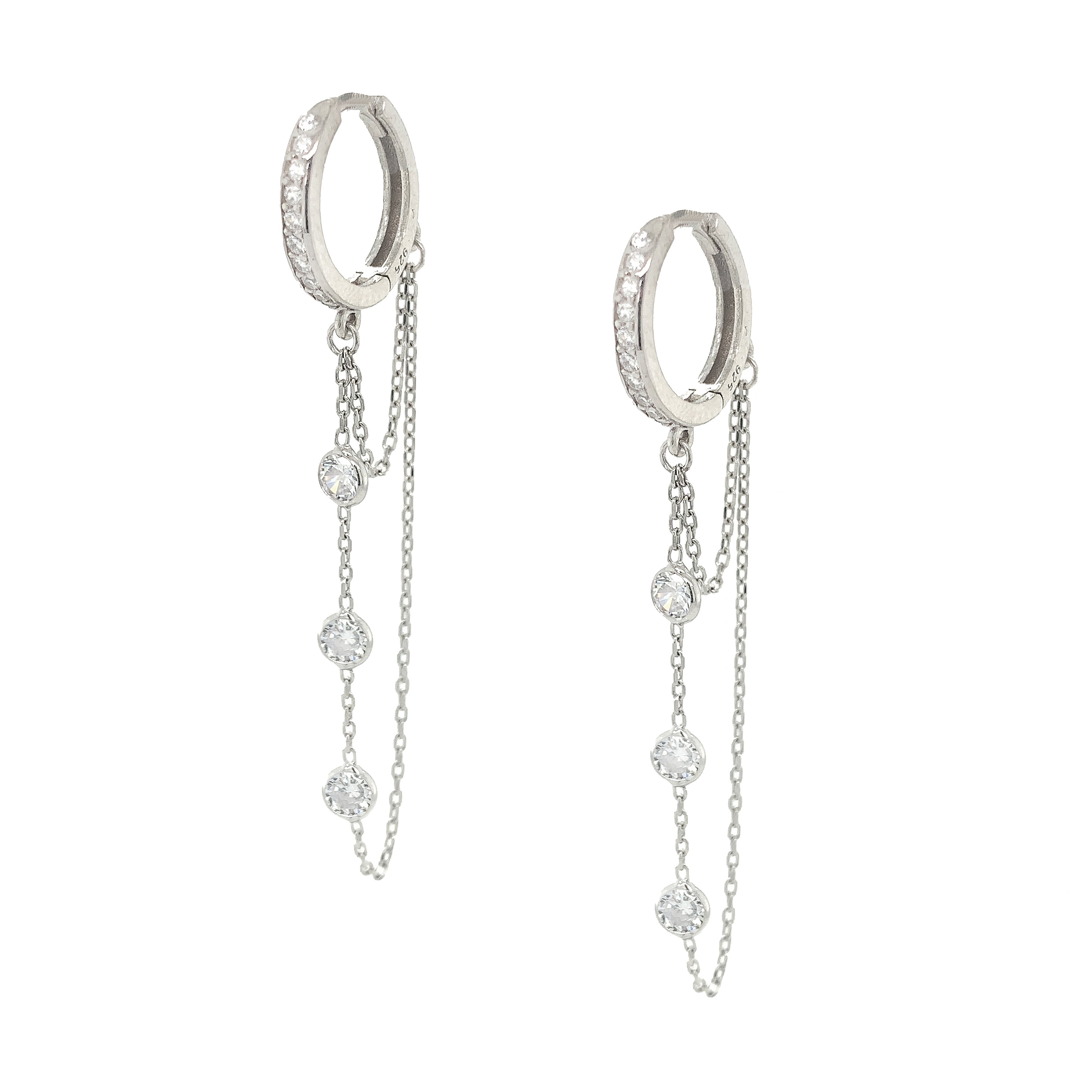 Double Chain with CZ's Pierced Huggie Earrings  White Gold Plated Over Silver 0.53" Huggie 2.3" Total Length