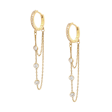 Double Chain with CZ's Pierced Huggie Earrings  Yellow Gold Plated Over Silver 0.53" Huggie 2.3" Total Length