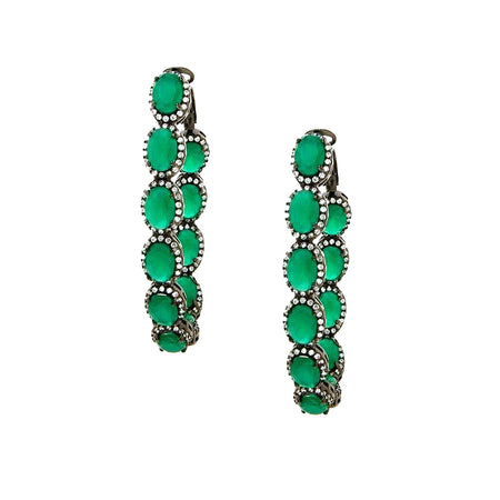 Faux Emerald & Faux Pave Diamonds Oval Hoop Pierced Earrings  Oxidized Gold Plated Over Silver 2.0" Long X 1.5" Wide As worn by Kyle Richards