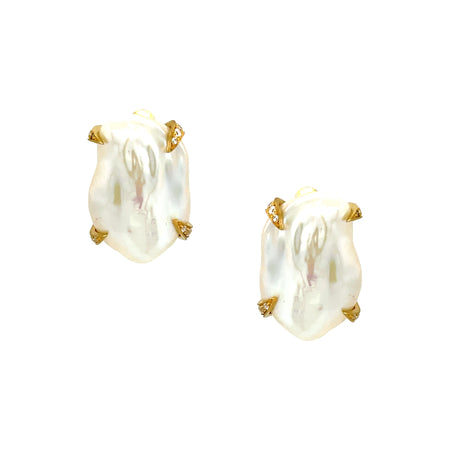 Pearl Baroque Clip On Earrings  Yellow Gold Plated Over Silver 0.91" Long X 0.68" Wide