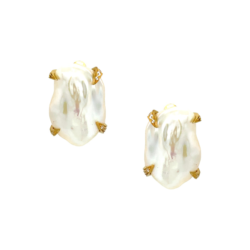 Pearl Baroque Clip On Earrings  Yellow Gold Plated Over Silver 0.91" Long X 0.68" Wide