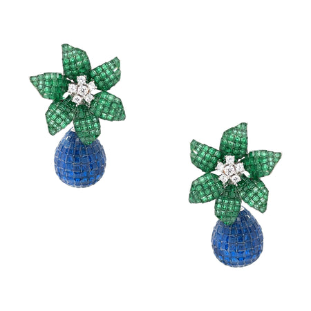 White Gold Plated Blue and Green CZ Pierced Flower Drop Pierced Earring  White Gold Plated 1.97" Long