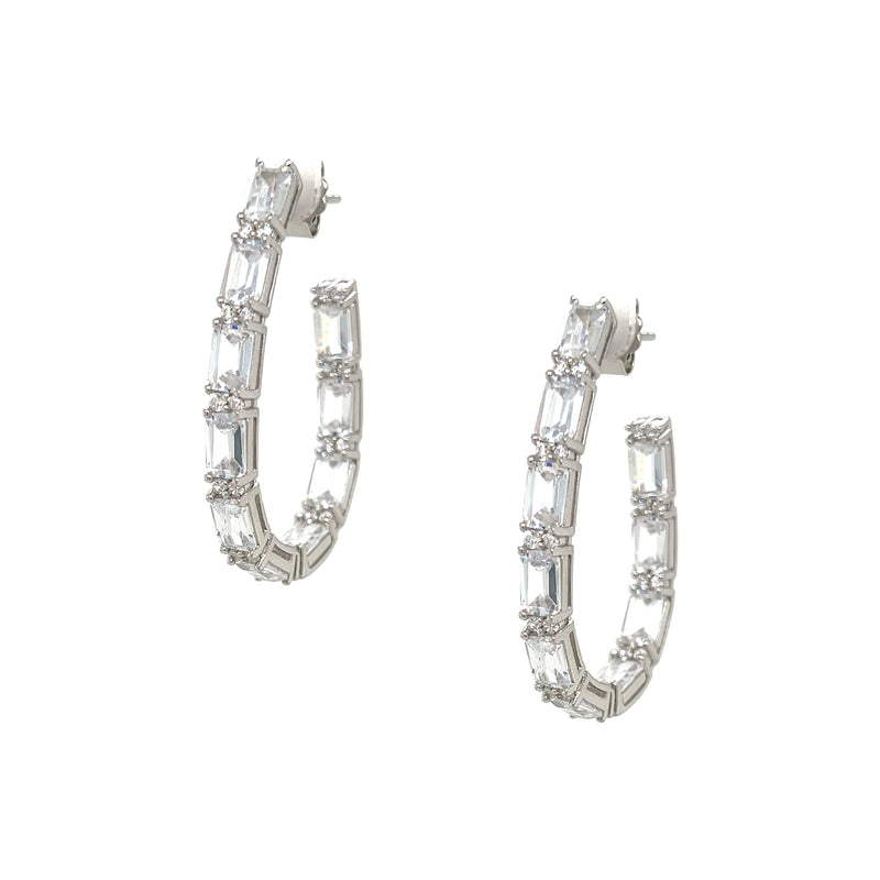 Baguette Crystals Oval Shaped Hoop Earrings  White Gold Plated Over Silver Cubic Zirconia  1.60" Length X 0.16" Width  Pierced 