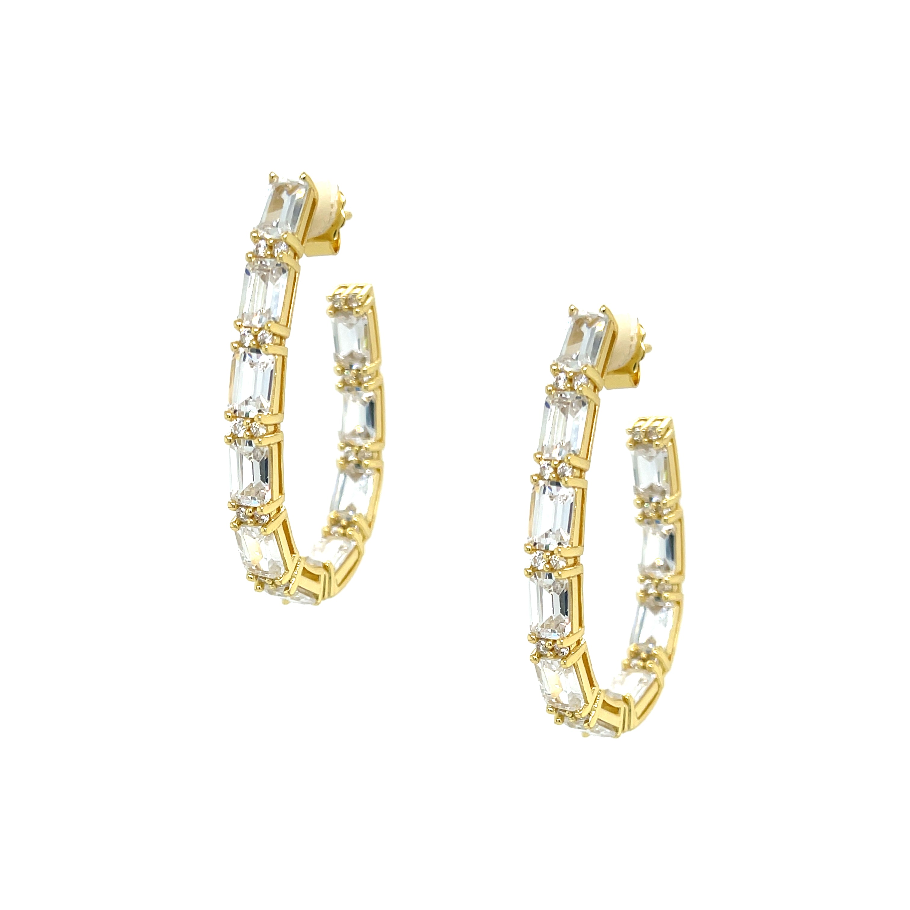 Baguette Crystal Oval Shaped Hoop Earrings  Yellow Gold Plated Over Silver Cubic Zirconia  1.60" Diameter 0.16" Width  Pierced 