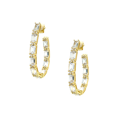 Baguette Crystal Oval Shaped Hoop Earrings  Yellow Gold Plated Over Silver Cubic Zirconia  1.60" Diameter 0.16" Width  Pierced  view 1