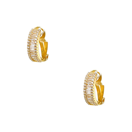 Pave Baguette Huggie Clip On Earrings  Yellow Gold Plated 0.66" Long X 0.18" Wide