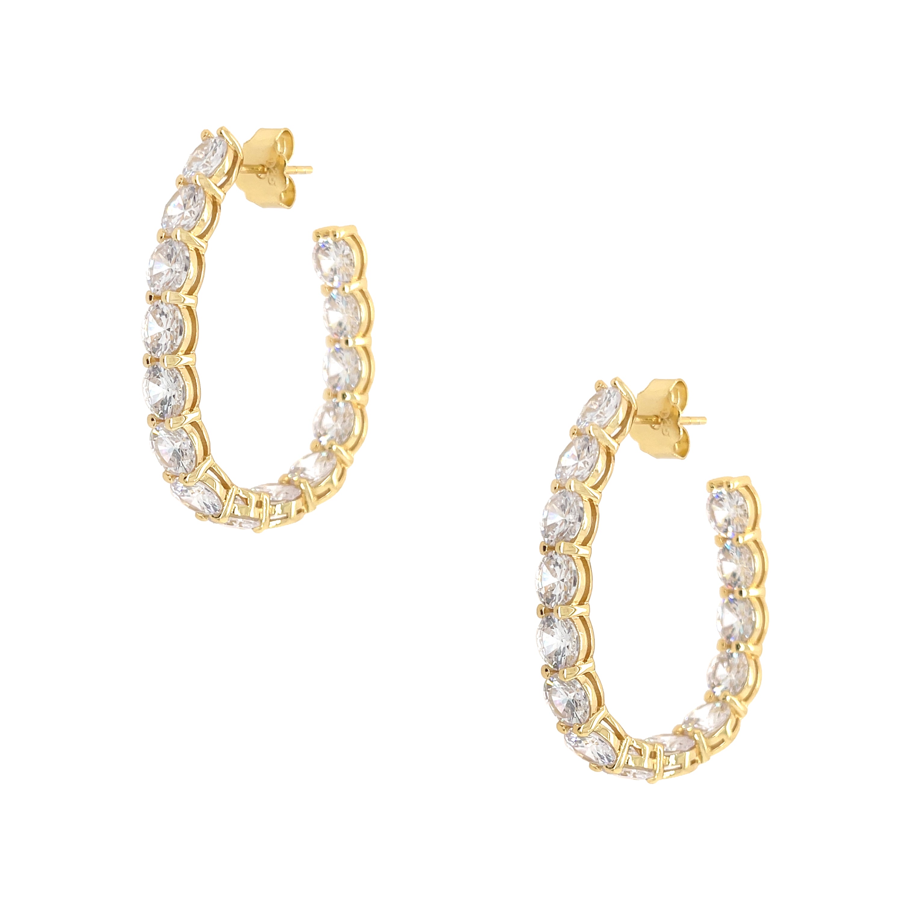 Large Oval Crystal Pierced Hoop Earrings  Yellow Gold Plated Over Silver 1.06" Wide X 1.44" Long 0.19" Thick