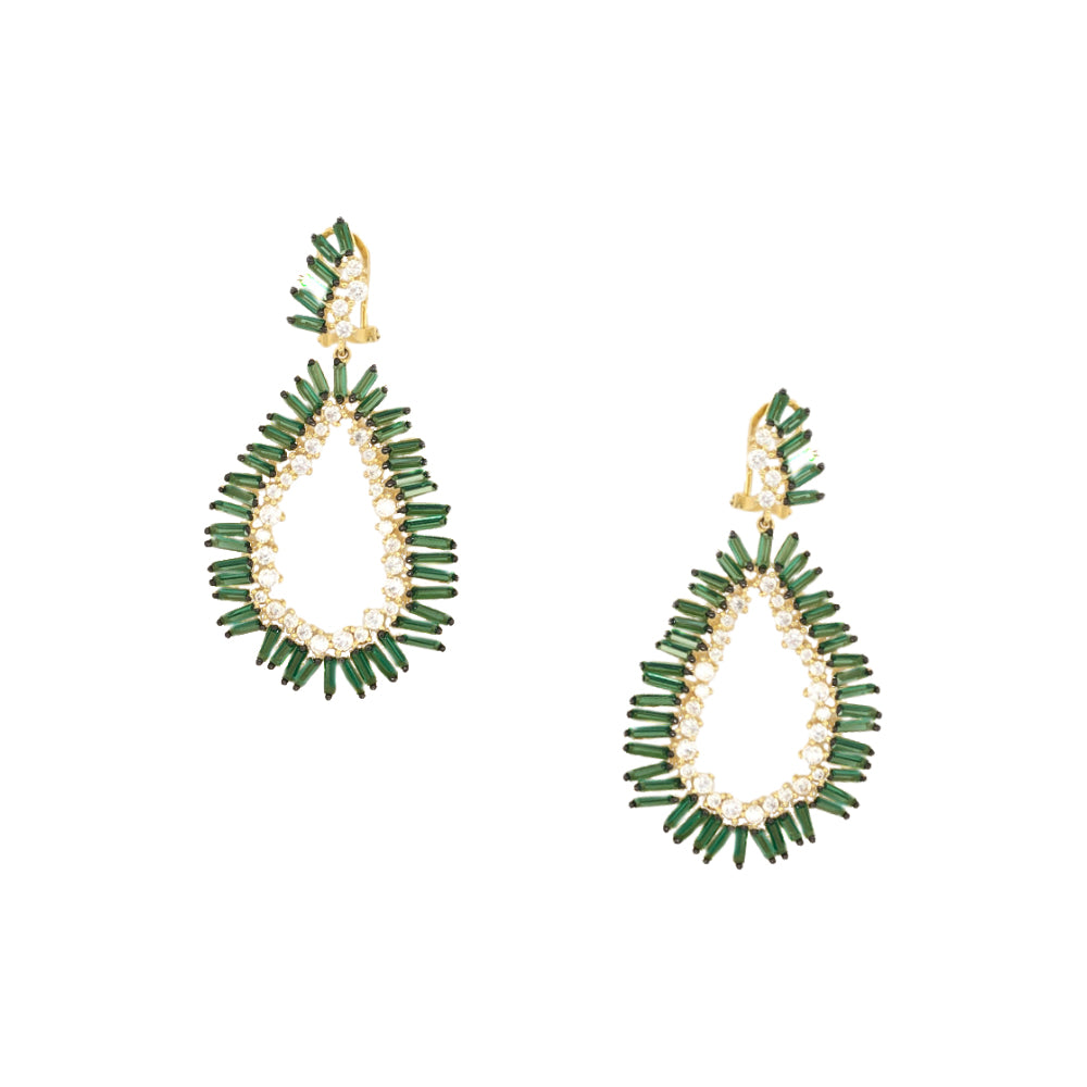 Faux Emerald Baguette & Pave CZ Teardrop Pierced Earrings Yellow Gold Plated over Silver 2.3" Long X 1.3" Wide