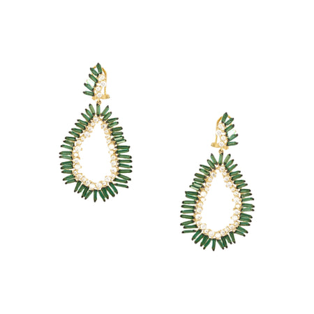 Faux Emerald Baguette & Pave CZ Teardrop Pierced Earrings Yellow Gold Plated over Silver 2.3" Long X 1.3" Wide