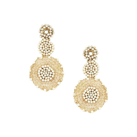 Mesh Pearl Beaded Disc Drop Pierced Earrings  18K Yellow Gold Plated 0.70" Top  0.85" Middle Disc 1.70" Bottom Disc Full Length: 3.5"