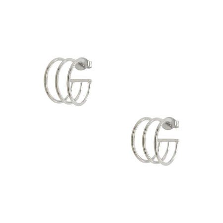 3-Row Mini Roll Pierced Huggie Earrings  14K White Gold Plating 0.6" Diameter 0.31" Wide 3 Joined Hoops view 1
