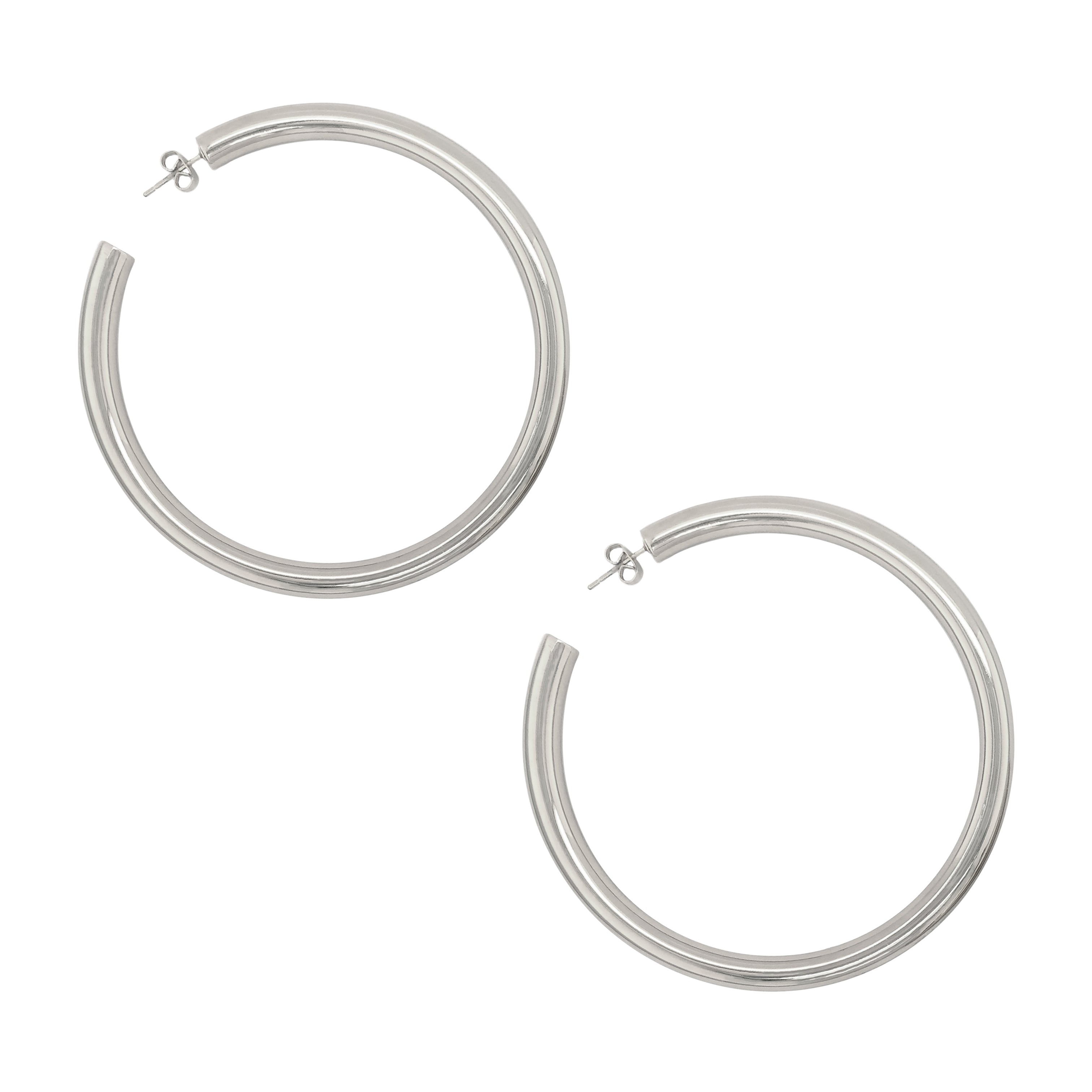 White Gold Plated Jumbo Hoop Pierced Earrings  White Gold Plated 3.15" Diameter 0.25" Thick