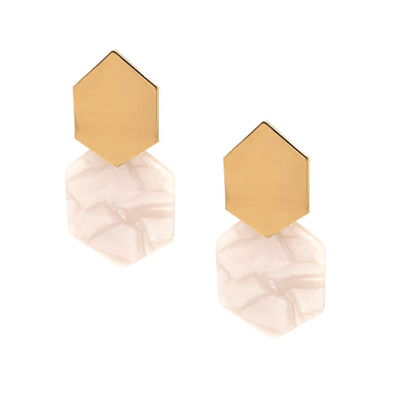 Yellow Gold Plated & White Resin Hexagon Pierced Earring Yellow Gold Plated 2.45" Long X 1.10" Wide