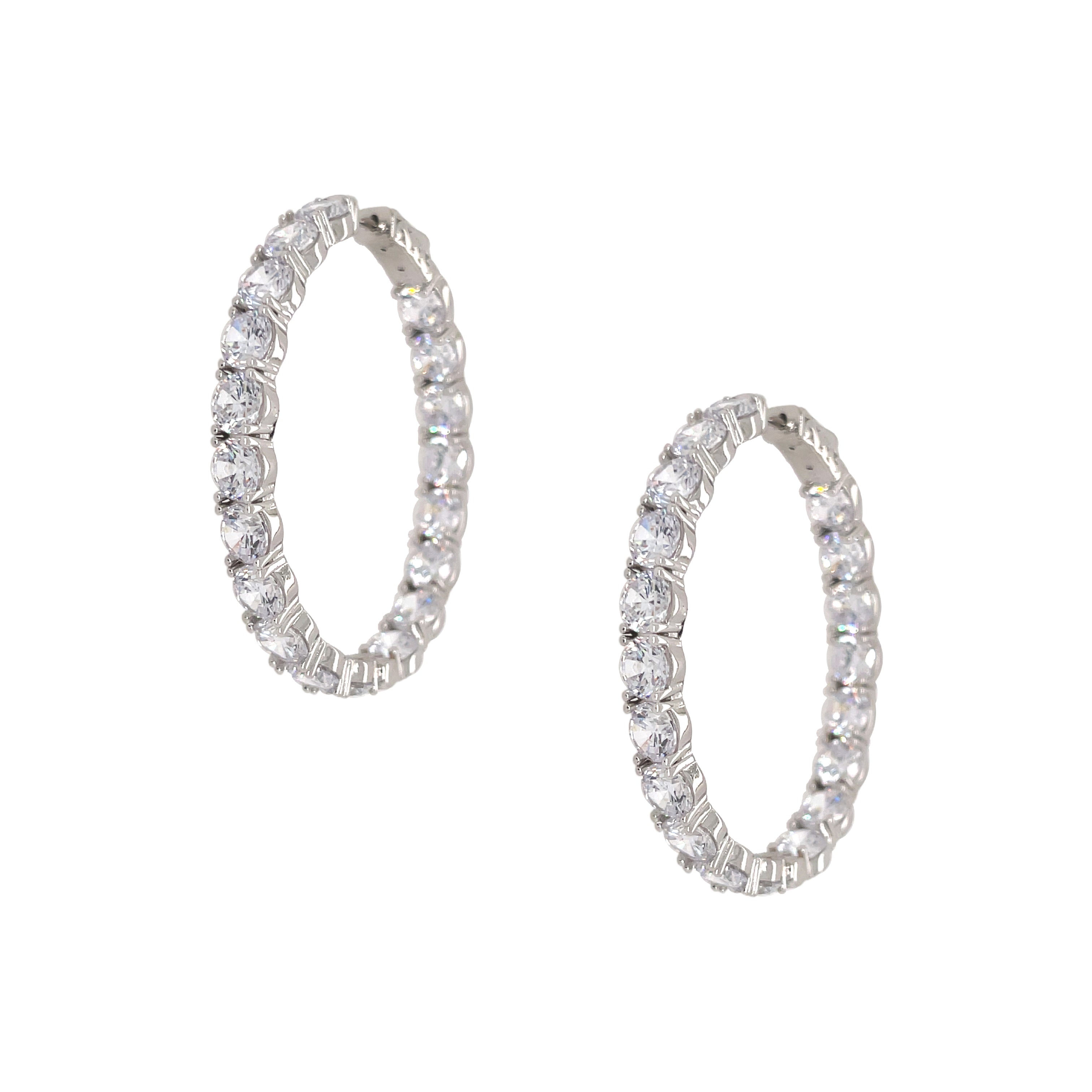 Large CZ Oval Hoop Pierced Earrings  White Gold Plating Over Silver Hoop: 1.82 Inch Diameter Stones: 0.20 Inches Wide