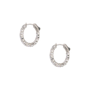 Small Round CZs Oval Hoop Pierced Earrings  White Gold Plated Over Silver 0.20" Thick 0.85" Long X 0.72" Wide