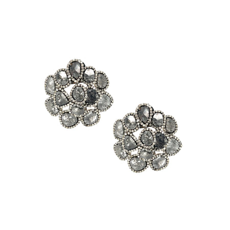 Diamond Sliced Cluster Clip On Earrings  Oxidized Gold Plated Over Silver  17.0 Diamond Carat Weight  1.36" Length X 1.35" Width
