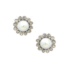 Oxidized Gold Pave Diamond Large Pearl Statement Stud Earrings  Oxidized Gold Plated over Silver 4.52 Kyanite Carat Weight 1.36 Diamond Carat Weight 0.97” Diameter Pierced