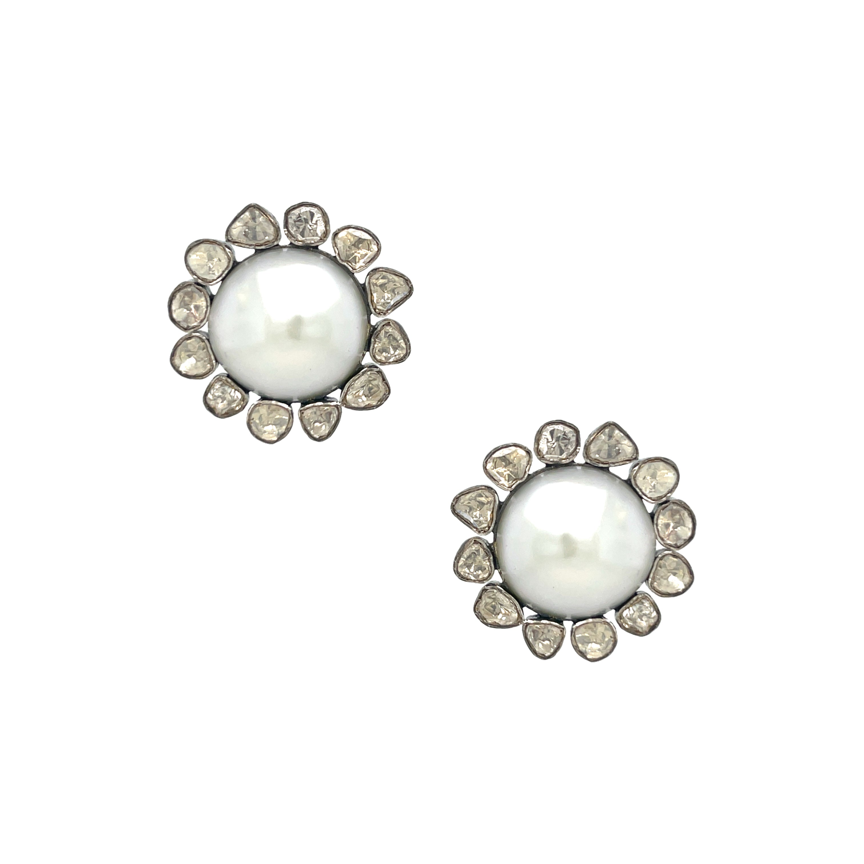 Oxidized Gold Pave Diamond Large Pearl Statement Stud Earrings  Oxidized Gold Plated over Silver 4.52 Kyanite Carat Weight 1.36 Diamond Carat Weight 0.97” Diameter Pierced