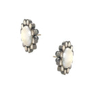 Oxidized Gold Pave Diamond Large Pearl Statement Stud Earrings  Oxidized Gold Plated over Silver 4.52 Kyanite Carat Weight 1.36 Diamond Carat Weight 0.97” Diameter Pierced