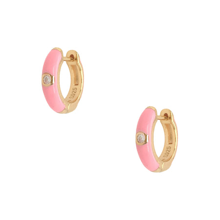 Yellow Gold Over Silver CZ Light Pink Enamel Huggie Pierced Earrings  Yellow Gold Over Silver 0.45" Diameter 0.11" Thick