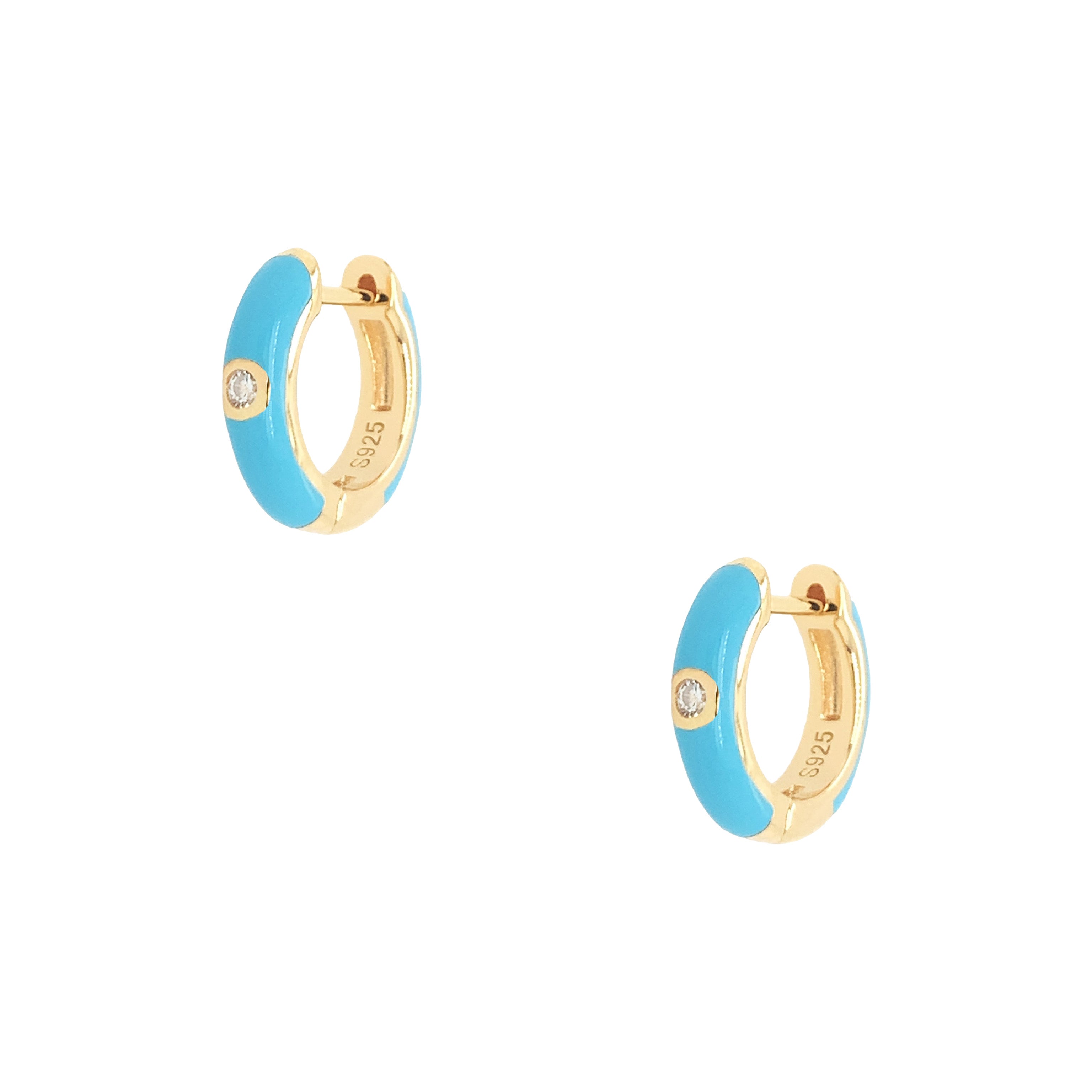 Yellow Gold Over Silver CZ Neon Turquoise Enamel Huggie Pierced Earrings  Yellow Gold Over Silver 0.45" Diameter 0.11" Thick