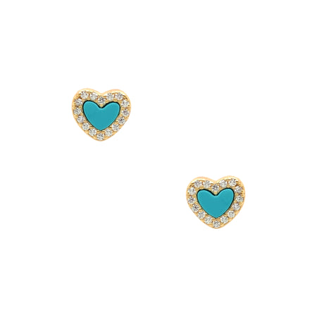 Yellow Gold Over Silver CZ and Faux Turquoise Heart Stud Pierced Earrings  Yellow Gold Plated Over Silver 0.25" Diameter Pave set CZ’s and Faux Turquoise