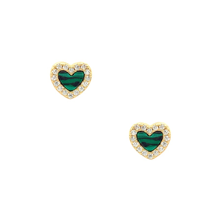 Yellow Gold Over Silver CZ and Faux Malachite Heart Stud PiercedEarrings  Yellow Gold Plated Over Silver 1/4" Diameter Pave set CZ’s and Faux Malachite view 1