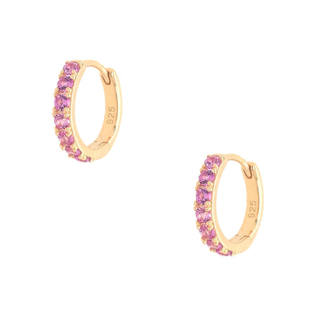 Pink CZ Huggie Pierced Earrings  Yellow Gold Plated Over Silver 0.54" High X 0.50" Wide 0.90" Thick Prong-set Pink CZs
